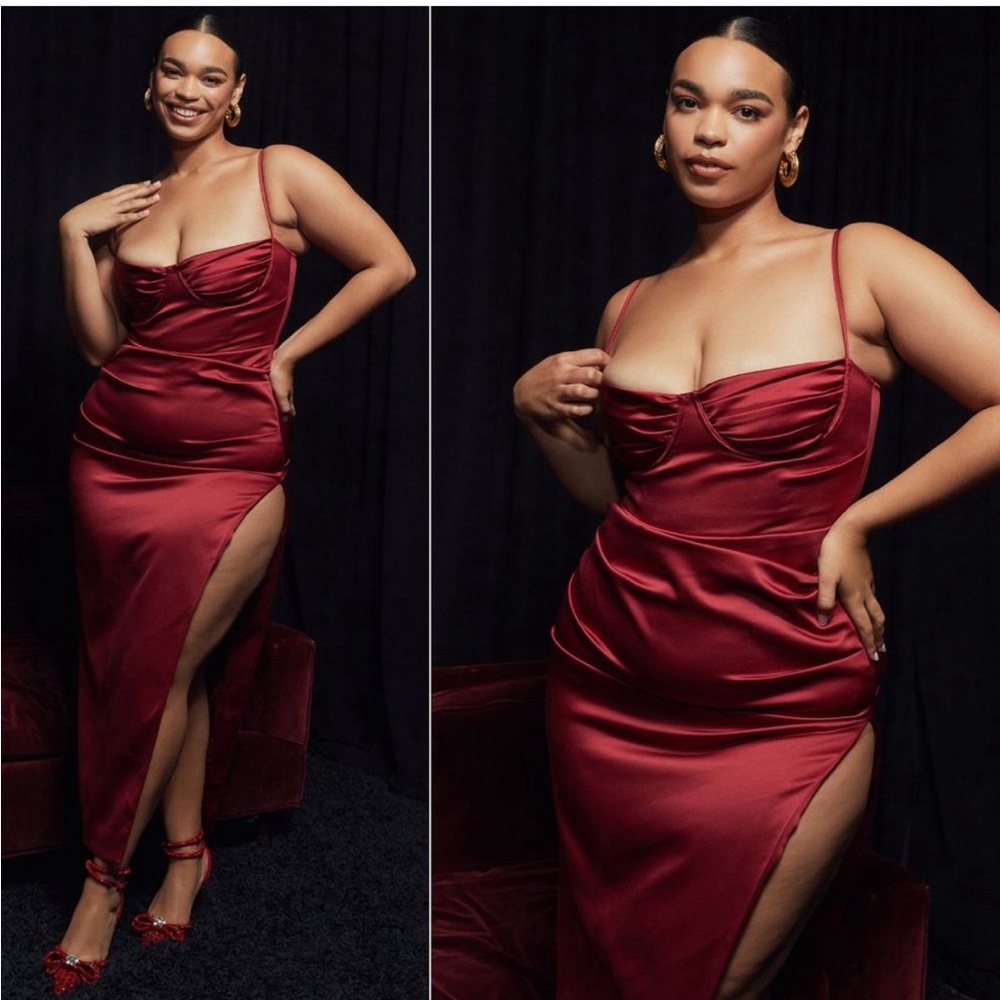 House Of Cb Flora Wine Satin Pleated Corset Midi Dress L+
